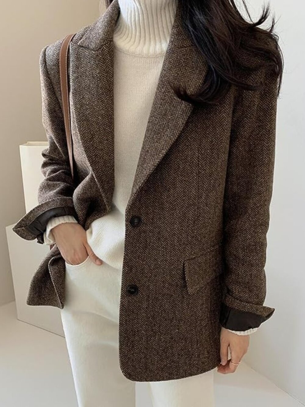 Women's Herringbone Wool Blend Coat Single Breasted Long Sleeve Fall Winter Work